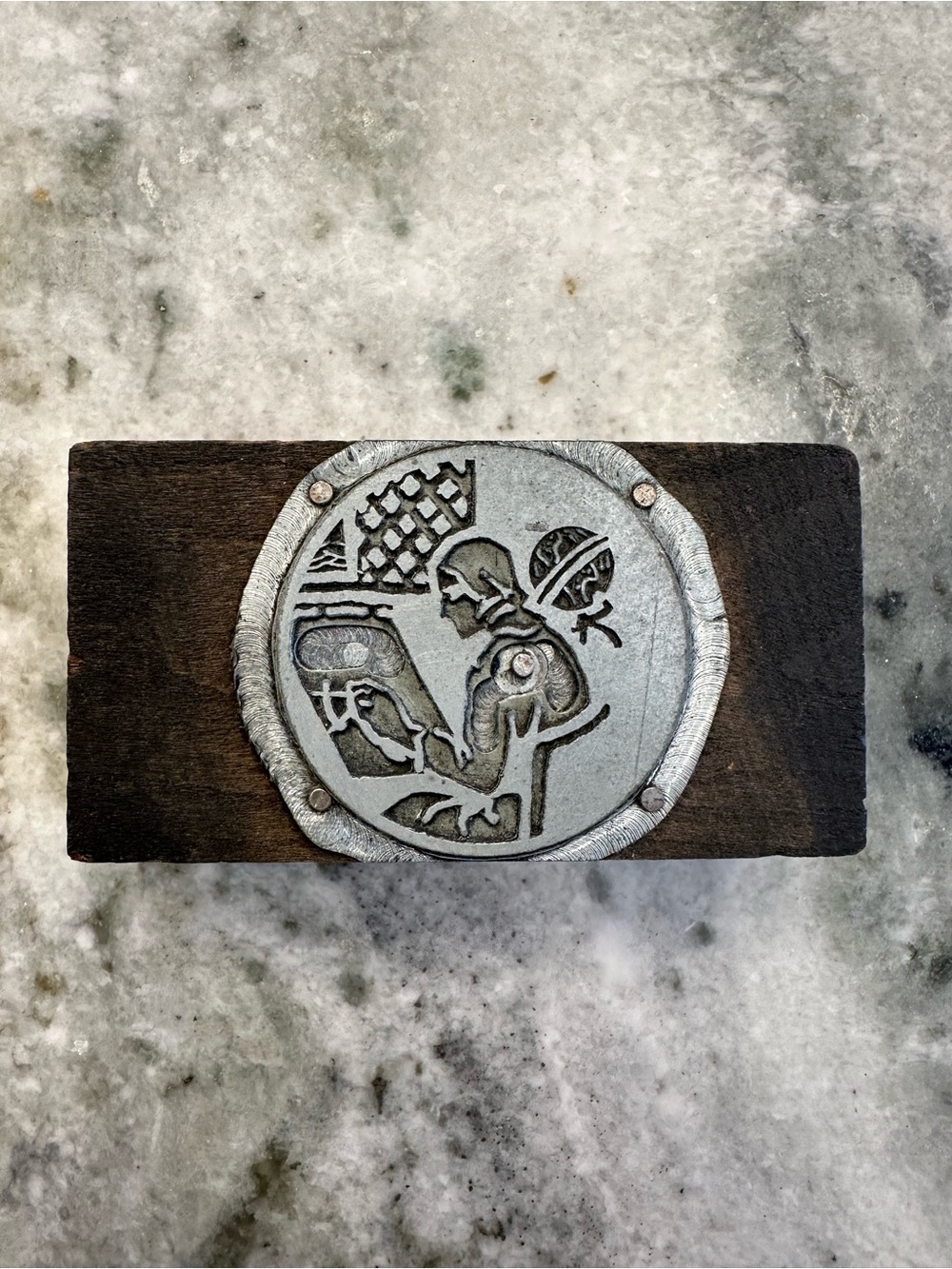 Vintage Wooden Block Stamp with Silver Metal Inlay